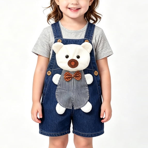 FRSASU Toddler Girls Cartoon Denim Short Overalls Cute Doll Pattern Jean Shortalls with Adjustable Straps Kids Summer Casual Romper Blue-I