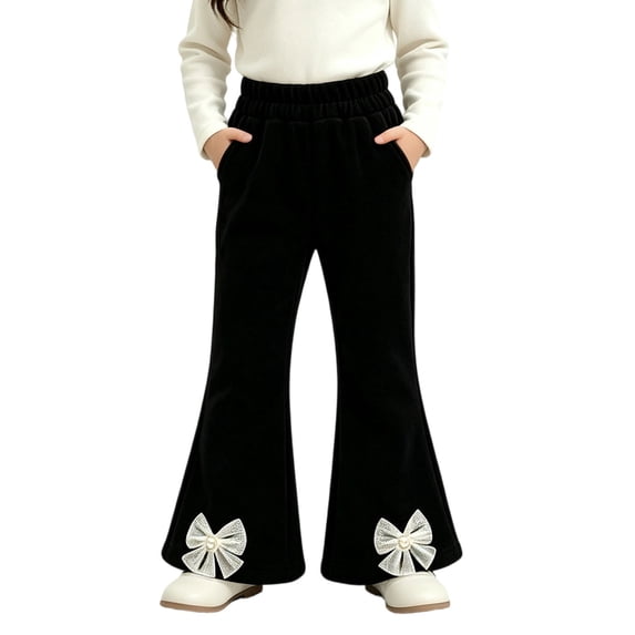 FRSASU Toddler Girls Corduroy Pants Cute Bow Fleece Lined Bell Bottom Cozy Winter Warm Elastic Waist Trousers 1-10Years Black