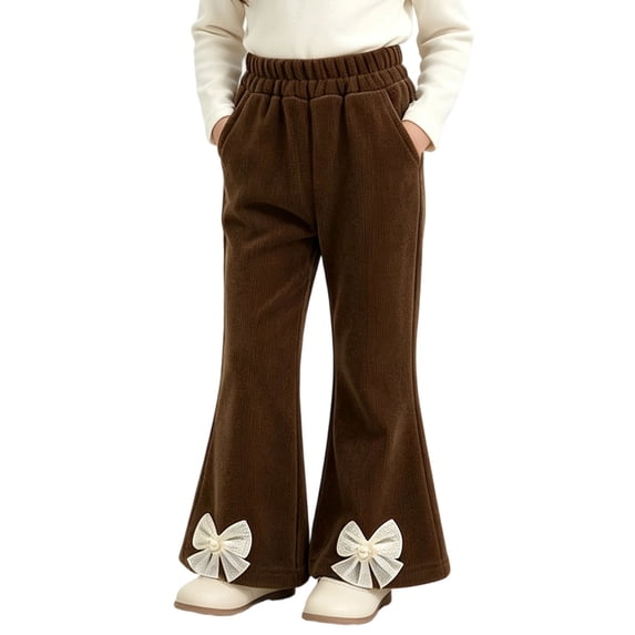 FRSASU Toddler Girls Corduroy Pants Cute Bow Fleece Lined Bell Bottom Cozy Winter Warm Elastic Waist Trousers 1-10Years Coffee