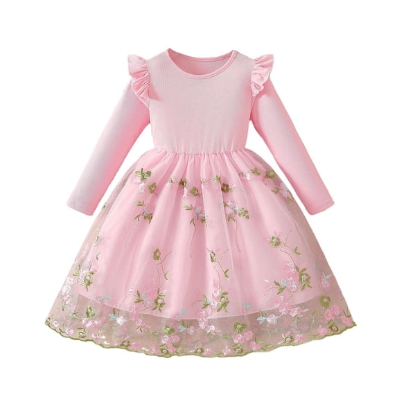 FRSASU Toddler Girls Mesh Ruffle Long Sleeve Sundress Casual Tutu formal Party Dresses Summer Beach Outfits Pink-E