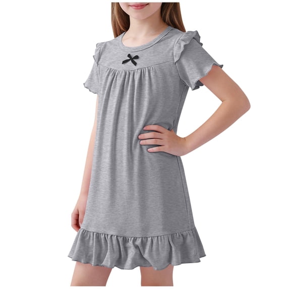 FRSASU Toddler Girls Nightgown Dress Summer Short Sleeve Ruffle Hem Modal Swing Mini Dresses for Kids 1-16 Years Gray