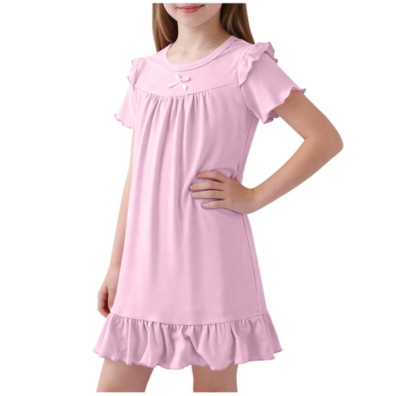 FRSASU Toddler Girls Nightgown Dress Summer Short Sleeve Ruffle Hem Modal Swing Mini Dresses for Kids 1-16 Years Pink