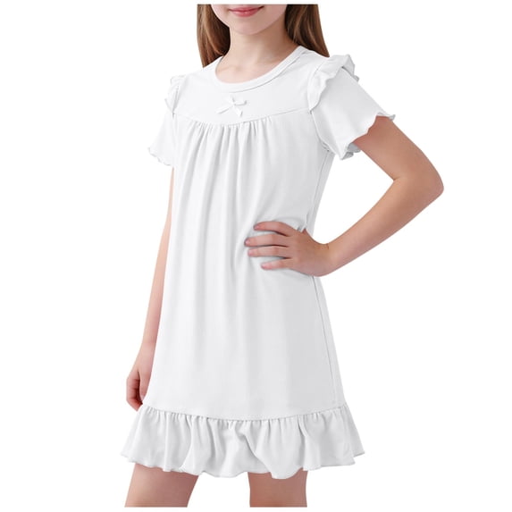 FRSASU Toddler Girls Nightgown Dress Summer Short Sleeve Ruffle Hem Modal Swing Mini Dresses for Kids 1-16 Years White