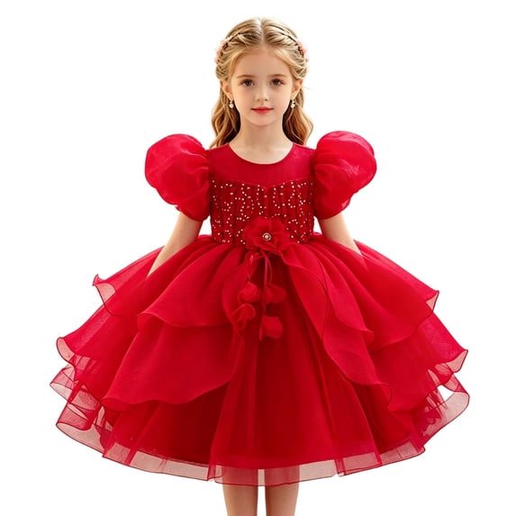 FRSASU Toddler Girls Puff Sleeve Ruffle Tiered Puffy Tutu Dress Flower Girl Wedding Birthday Party Pageant Ball Gowns Red-C
