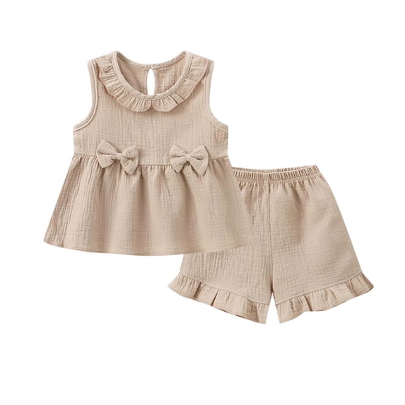 FRSASU Toddler Girls Short Outfits Bow Sleeveless Shirt Ruffle Hem Shorts Set Summer Lounge Casual Loose Fit Clothes Coffee