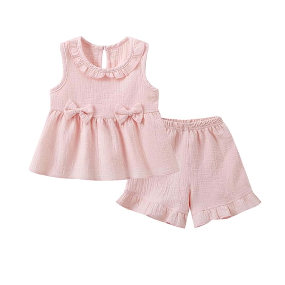 FRSASU Toddler Girls Short Outfits Bow Sleeveless Shirt Ruffle Hem Shorts Set Summer Lounge Casual Loose Fit Clothes Pink