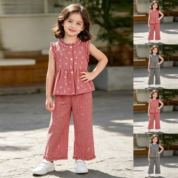 FRSASU Toddler Girls Summer Outfit Cotton Matching Ruffle Sleeveless Plaid Shirts Tops with Long Pants Set 2Pcs Red