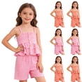 thumbnail image 1 of FRSASU Toddler Girls Summer Sleeveless Ruffled Cami Top with Drawstring Plaid Matching Shorts Sets for 0-6 Years Pink, 1 of 8