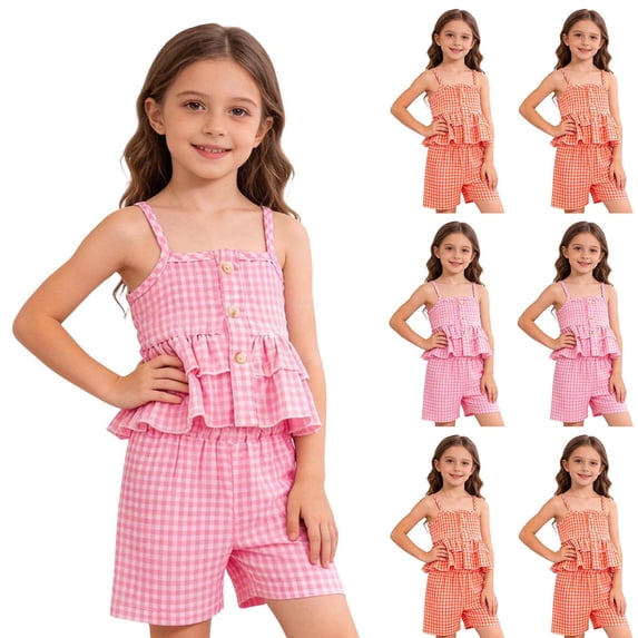 FRSASU Toddler Girls Summer Sleeveless Ruffled Cami Top with Drawstring Plaid Matching Shorts Sets for 0-6 Years Pink