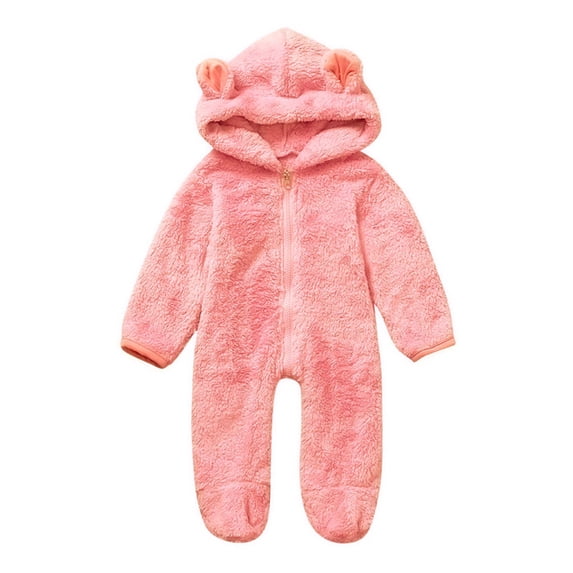 FRSASU Toddler Kids Girls Winter Fleece Jumpsuit Solid Hooded Romper Warm Outwear Pink 6-12 Months