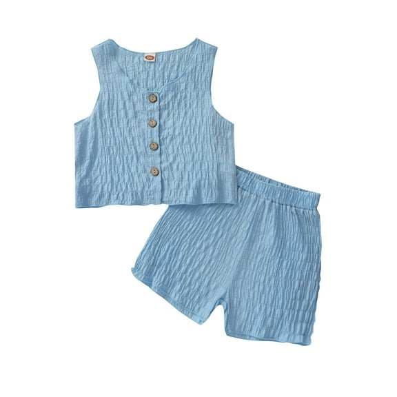 FRSASU Toddler Kids Solid Color Sleeveless Vest Casual Shorts Suit Blue 12Months(12-18 Months)