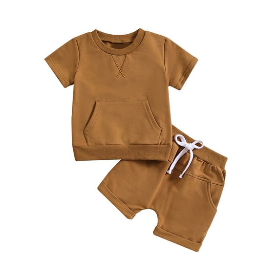 FRSASU Toddler Kidss Solid Color Short Sleeve Pocket Top Shorts Suit Brown 12 Months