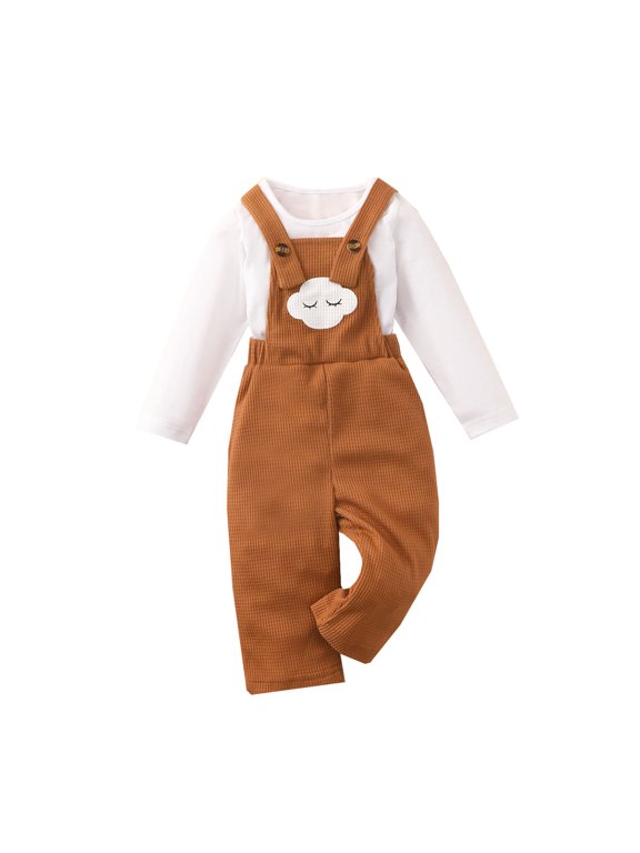 Toddler Newborn Baby Girls Solid Color Long-sleeved Pullover Blouse with Cloud Print Overalls Suit Khaki 12-18 Months