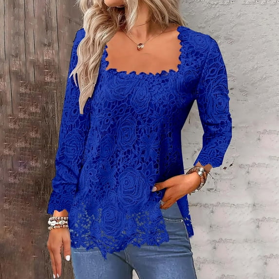 FRSASU Tops Blouses for Women Clearance,Women'S Solid Color Neck Long Sleeved T-Shirt Top Blue 4(S)