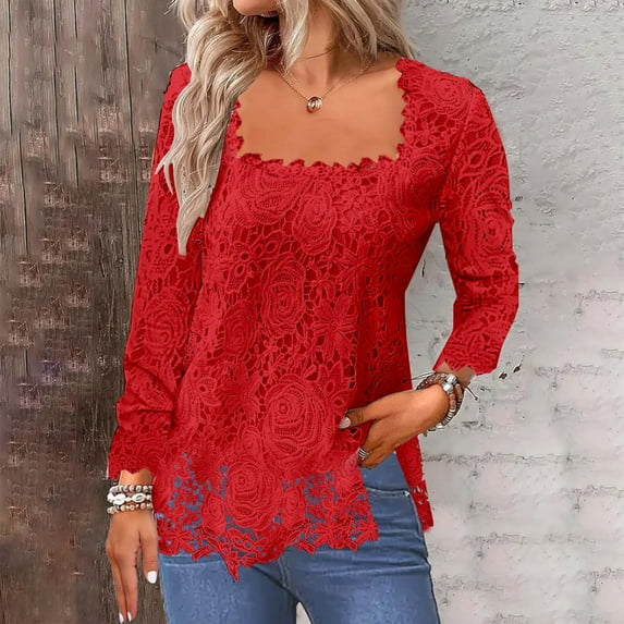 FRSASU Tops Blouses for Women Clearance,Women'S Solid Color Neck Long Sleeved T-Shirt Top Red 10(XL)