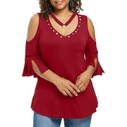 FRASU FRSASU Tops Womens Plus-Size Plus Size Women Bandage Clothing Solid T-Shirt Short Sleeve V-Neck Tops