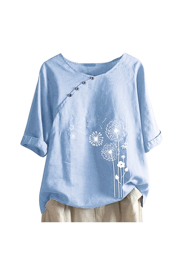 FRSASU Tops Womens Plus-Size Women Button Floral Print Short Sleeve T-Short Blouse Tops