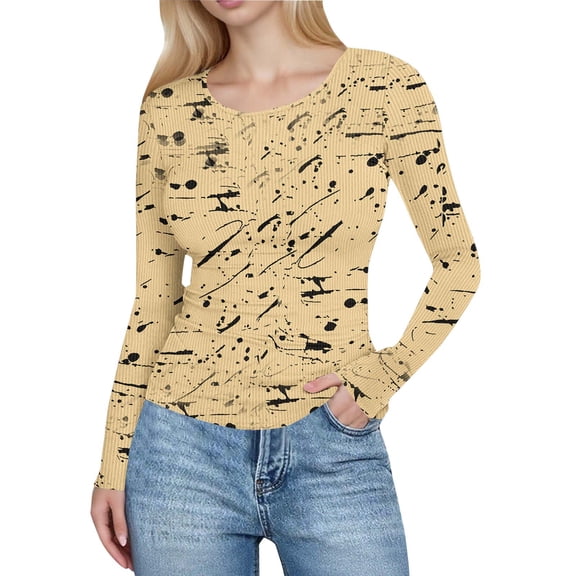FRSASU Tops for Women Long Sleeve Ribbed Knit Going Out Tops Trendy Printed Casual Slim Fit Stretch Basic Tees Beige