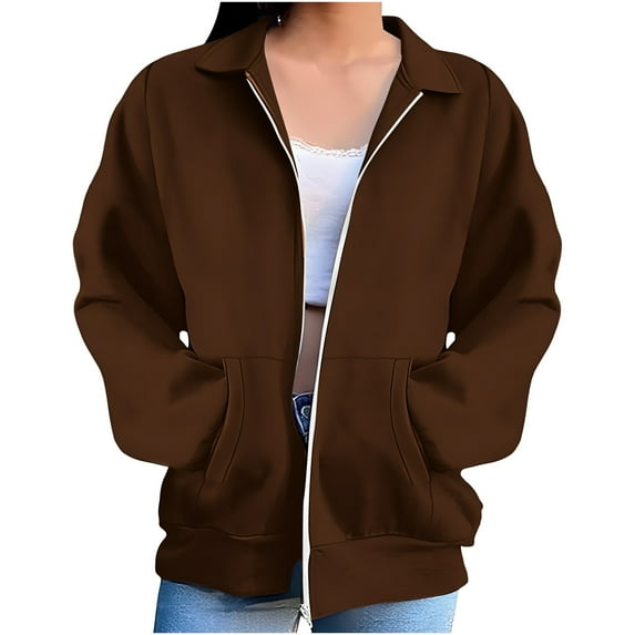 FRSASU Tops for Women Zip up Hoodless Sweatshirt Ladies Solid Color Long Sleeve Casual Loose Lightweight Jacket Brown