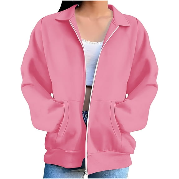 FRSASU Tops for Women Zip up Hoodless Sweatshirt Ladies Solid Color Long Sleeve Casual Loose Lightweight Jacket Pink