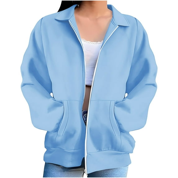 FRSASU Tops for Women Zip up Hoodless Sweatshirt Ladies Solid Color Long Sleeve Casual Loose Lightweight Jacket Sky Blue