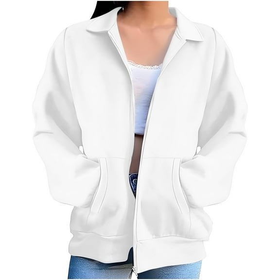 FRSASU Tops for Women Zip up Hoodless Sweatshirt Ladies Solid Color Long Sleeve Casual Loose Lightweight Jacket White