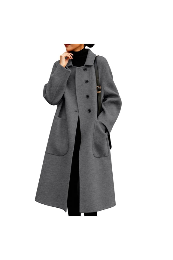 Trench Coat for Women Long Sleeve Fleece Collared Coat Loose Windbreaker Jacket Trendy Outwear with Pockets Gray