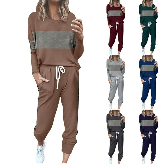 FRSASU Trendy Women Casual 2 Piece Outfit Long Sleeve Pullover Tops and Drawstring Pants Two Piece Loungewear Set Wine