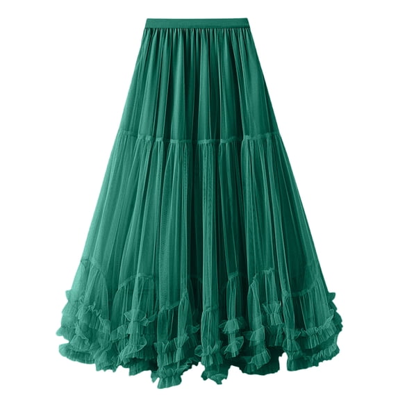 FRSASU Tulle Skirts for Women Elastic High Waisted A Line Long Layered Mesh Ruffles Tiered Flowy Fairy Skirt Green