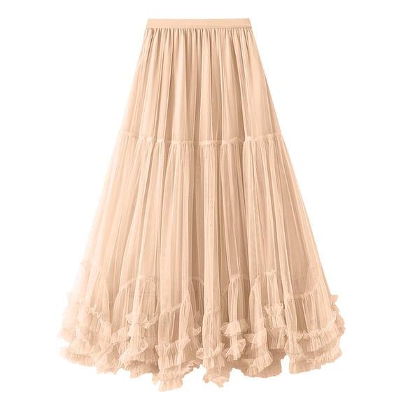 FRSASU Tulle Skirts for Women Elastic High Waisted A Line Long Layered Mesh Ruffles Tiered Flowy Fairy Skirt Khaki
