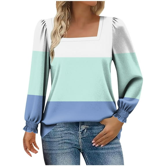 FRSASU Tunic Tops for Women Loose Fit Long Sleeve Shirts Color Blocked Printed Square Neck Tops Brown