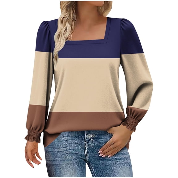 FRSASU Tunic Tops for Women Loose Fit Long Sleeve Shirts Color Blocked Printed Square Neck Tops Light Blue