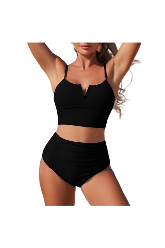 Two Piece High Waisted Swimsuits with Chest Cushion - Women Tummy Control Bikini Modest Bathing Suit 2PC Black