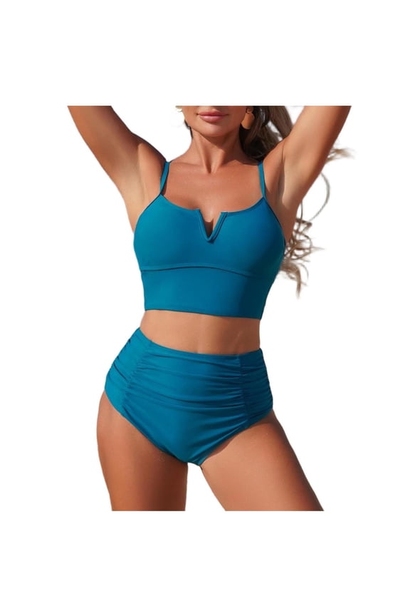 Two Piece High Waisted Swimsuits with Chest Cushion - Women Tummy Control Bikini Modest Bathing Suit 2PC Navy
