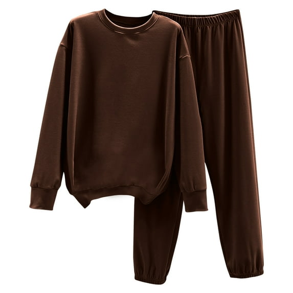 FRSASU Two Piece Outfits for Women Solid Color Lounge Sets Round Neck Sweatshirt Elastic Waist Sweatpants Sweatsuits Set Coffee