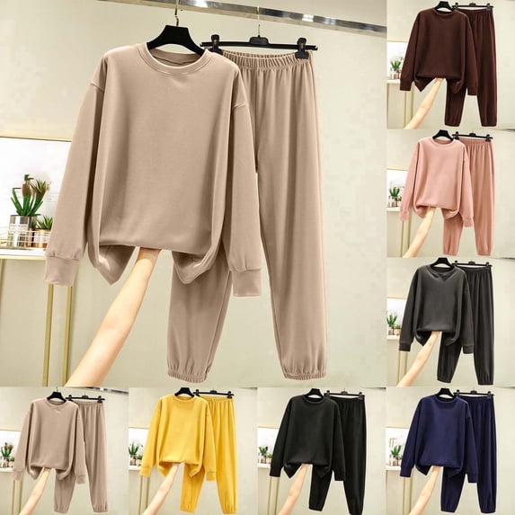 FRSASU Two Piece Outfits for Women Solid Color Lounge Sets Round Neck Sweatshirt Elastic Waist Sweatpants Sweatsuits Set Yellow