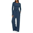 thumbnail image 1 of FRSASU Two Piece Sets for Women Fall Outfits Lounge Sets Round Neck Tops Wide Leg Pants Vacation Travel Airport Outfits Navy, 1 of 7