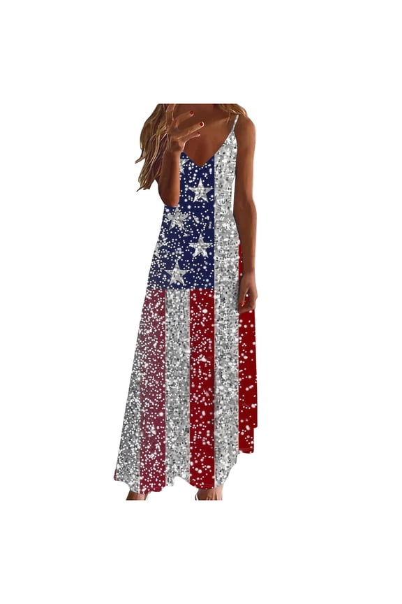 U.S.A. Flag Red Blue Sparkles Glitters Women'S Mini Casual Sleeveless Spaghetti Dresses Multicolor