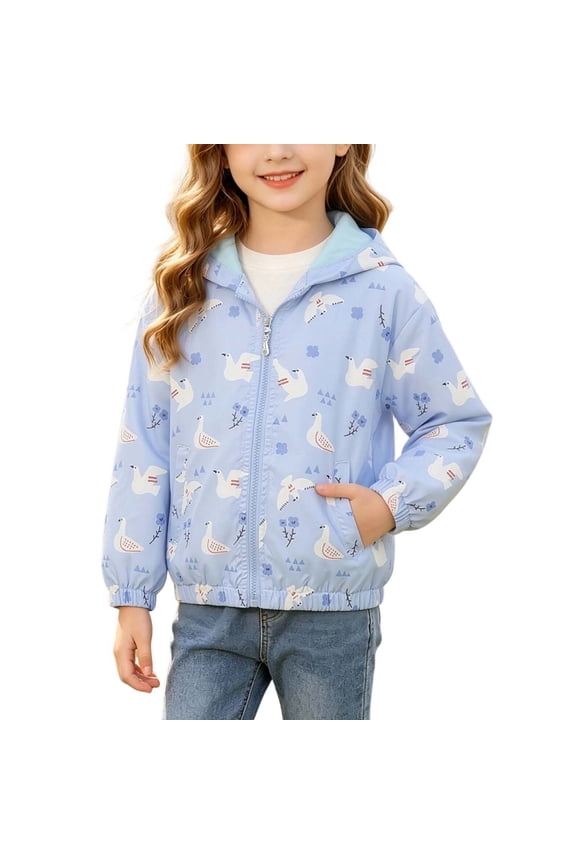 Unisex Kids Zip‑Up Hooded Jacket Boys Girls Cute Cartoon Print Windbreaker Coat Lightweight Casual Long Sleeve Outerwear with Pockets Multicolor-E