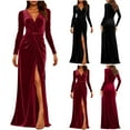 thumbnail image 1 of FRSASU V Neck Velvet Dresses for Bridesmaid Maxi Ruched Long Sleeve formal Party Evening Dress with Slit Red, 1 of 9