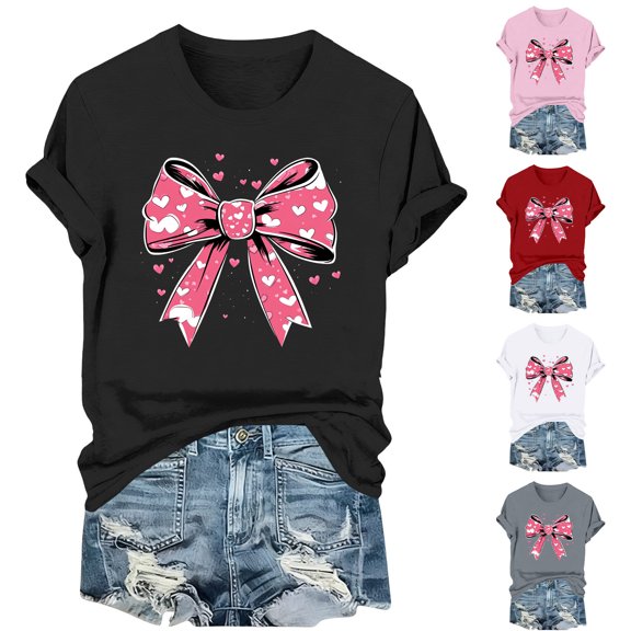FRSASU Valentines Shirt for Women Romantic Love Heart Bow T-Shirt Valentine Day Lover Tee Tops Comfy Casual Summer White