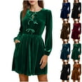 thumbnail image 1 of FRSASU Velvet Dresses for Women Casual Long Sleeve Loose Bow Crewneck Pleated Pockets Dress Party Prom Holiday Outfits Wine, 1 of 5