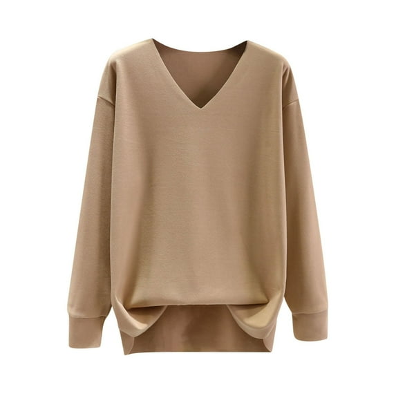 FRSASU Velvet Tops for Women Dressy Plus Size Long Sleeve Solid Color Warm V Neck Pullover Loose Tops Khaki