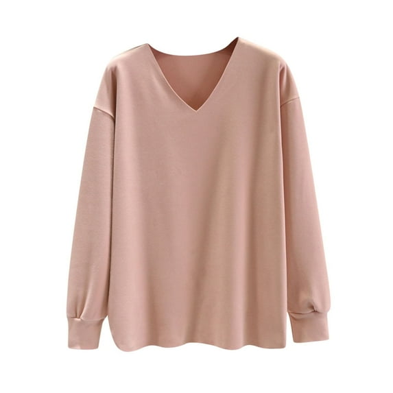 FRSASU Velvet Tops for Women Dressy Plus Size Long Sleeve Solid Color Warm V Neck Pullover Loose Tops Pink