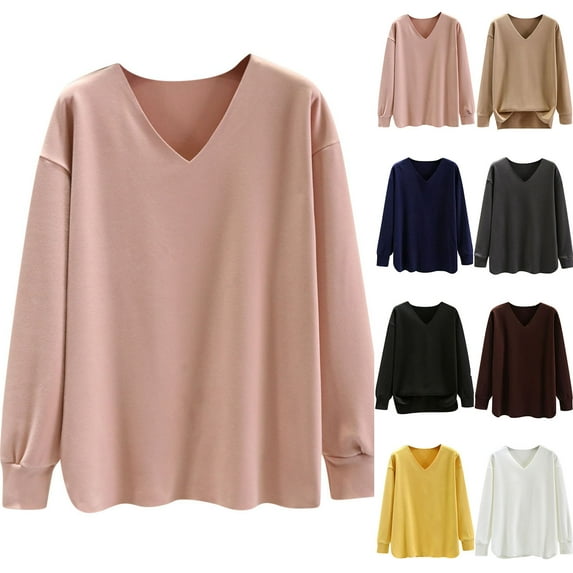 FRSASU Velvet Tops for Women Dressy Plus Size Long Sleeve Solid Color Warm V Neck Pullover Loose Tops Yellow