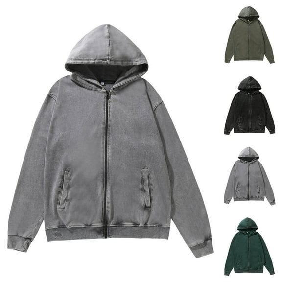 FRSASU Vintage Cotton Jacket Acid Wash Basic Zip up Hoodie for Men Distressed Baggy Long Sleeve Tops Gray