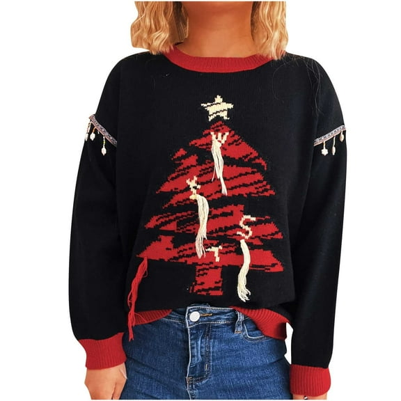 FRSASU Warm Soft Sweaters for Women Casual Round Neck Loose Long Sleeve Pullover Tops Fashion Christmas Print Knitted Sweater Black S(S)