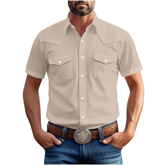 FRSASU Western Cowboy Shirts for Men Pearl Snap Button Down Cotton Work T-Shirt Men's Casual Shirt Jacket with Two Pockets Beige