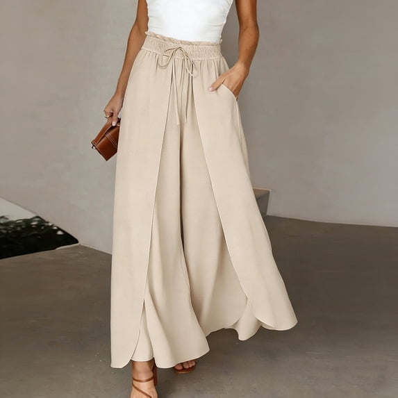 FRSASU Wide Leg Palazzo Pants for Women High Waisted Flowy Trousers for Summer Casual Beach Vacation Outfits Beige