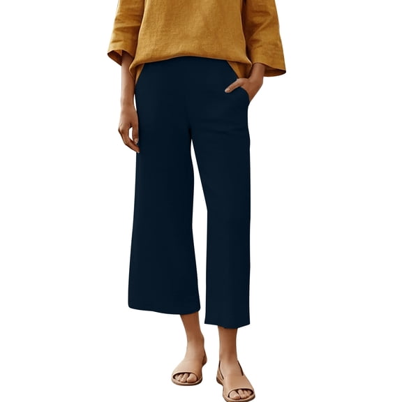 FRSASU Wide Leg Pants Woman High Waisted Trendy Cropped Barrel Pull On Baggy Elastic Waist Loose Fit Pants with Pockets Navy